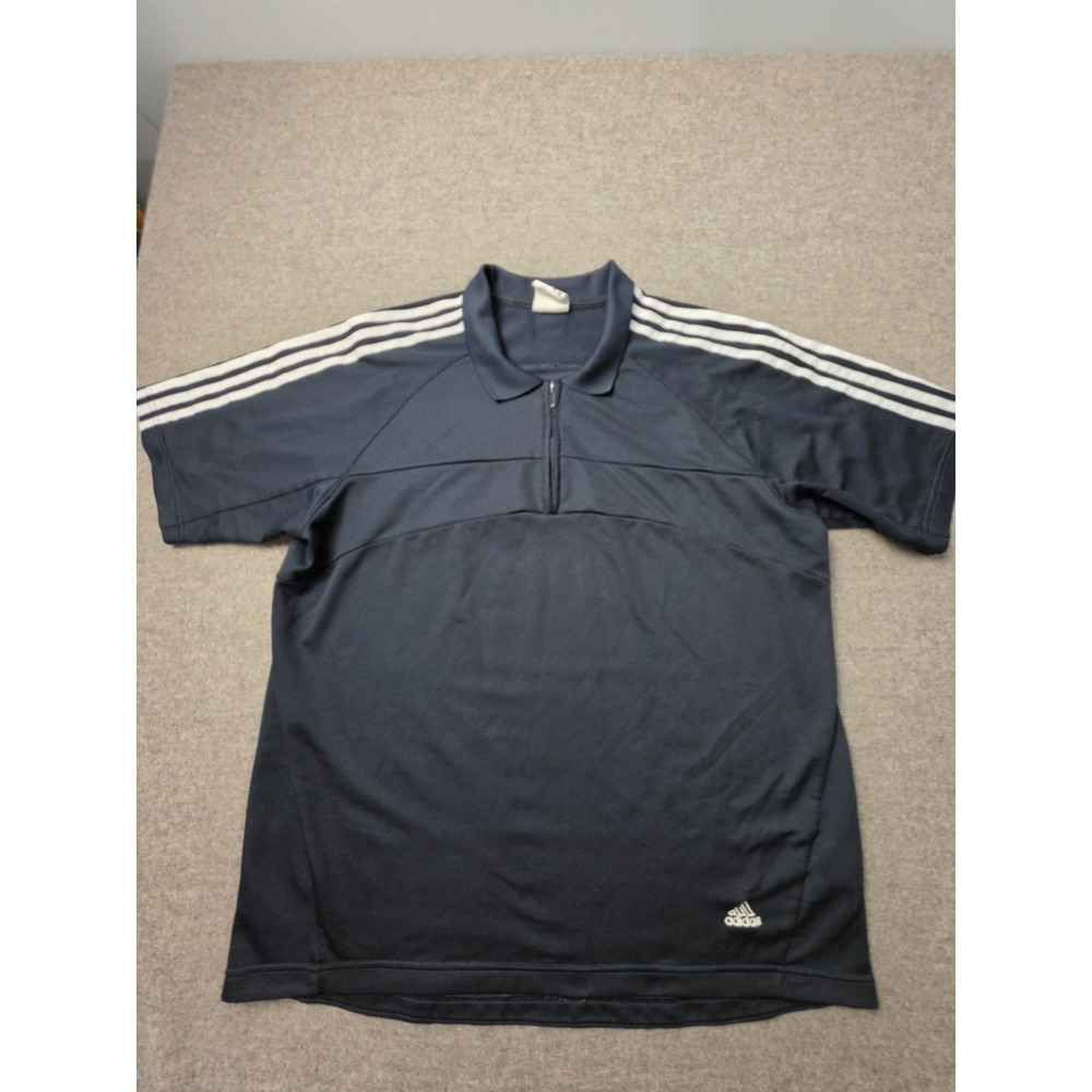 Adidas Golf Polo Shirt Men Large Blue White 3 Stripe Short Sleeve Collar 1/4 Zip
